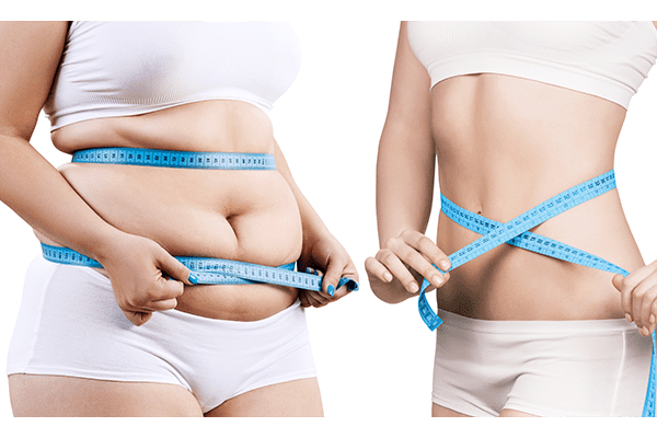 Before-after weight loss with person measuring waist