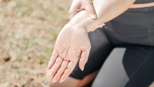 A woman holds her injured wrist
