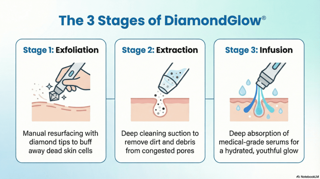 An infographic illustrating the three stages of a DiamondGlow® facial treatment