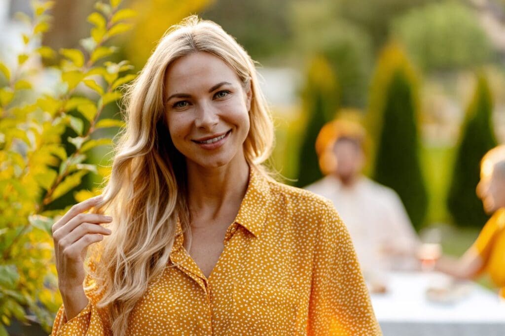 A confident blond woman with plump skin smiles outdoors with her family in the background