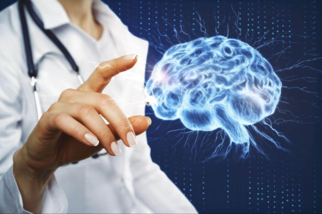 A female doctor’s hand next to a digital brain