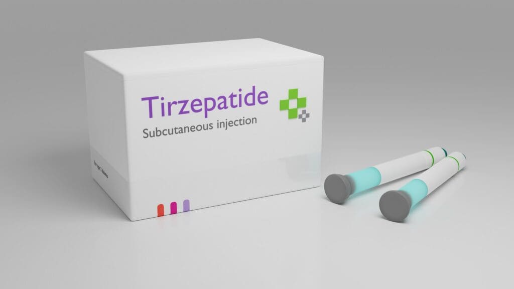 a box labeled for tirzepatide and two auto-injector pens
