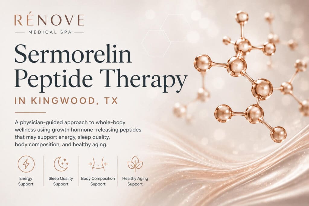 A hero infographic for sermorelin peptide therapy for energy and healthy aging at Rénove Medical Spa